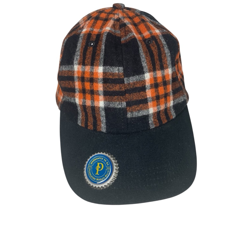 Pendleton 100% Wool Plaid Hat Adjustable Cap Bottlecap Bottle Opener Orange